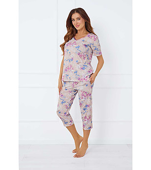 Дамска бежова памучна пижама с флорален принт Genua снимка