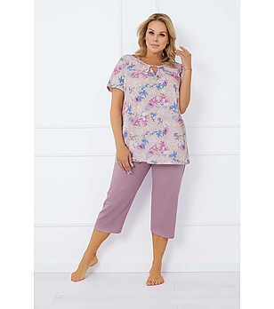 Дамска памучна пижама в бежово и розово Inge снимка