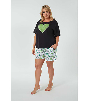 Памучна дамска лятна пижама в черно и зелено Picos снимка