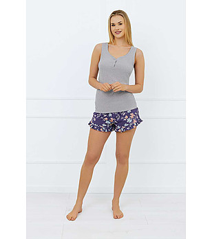 Лятна памучна дамска пижама в сиво и тъмносиньо Pulia снимка