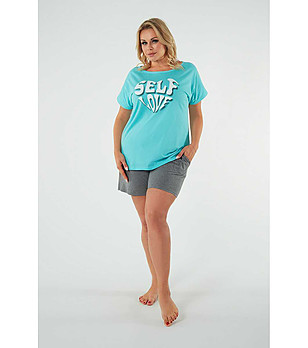 Памучна дамска лятна пижама в тюркоаз и сиво Selfie снимка