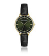 Златист дамски часовник със зелен циферблат и черна кожена каишка-1 снимка