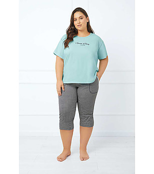 Памучна дамска пижама с клин в цвят мента и сиво на каре Tarisa снимка
