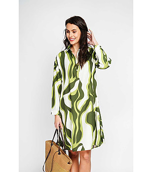 Рокля тип риза с високо съдържание на лен в зелено и крем снимка