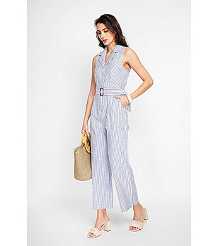 Дамски гащеризон на райе в бяло и синьо Oliana снимка