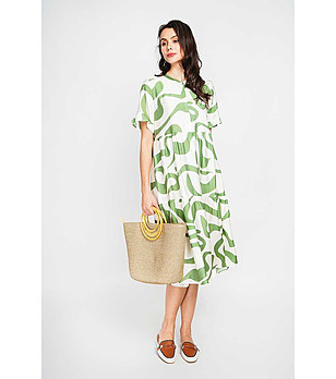 Къса рокля с принт в цвят мента с високо съдържание на лен снимка