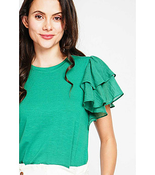 Дамска блуза от лен и памук в цвят емералд Elpida снимка