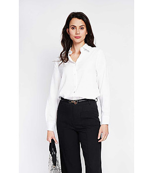 Бяла дамска риза от памук и лен  снимка