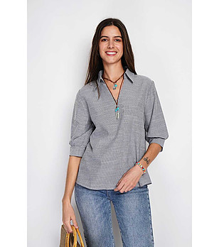 Дамска блуза на райе в сиво и бяло от памук и лен снимка