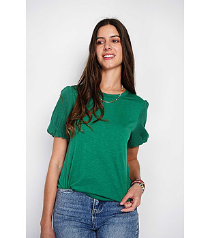 Дамска блуза от лен и памук в цвят емералд снимка