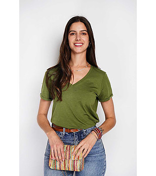 Дамска тениска от памук и лен в цвят каки снимка