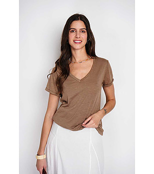 Дамска кафява тениска от памук и лен снимка