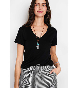 Дамска черна тениска от памук и лен снимка