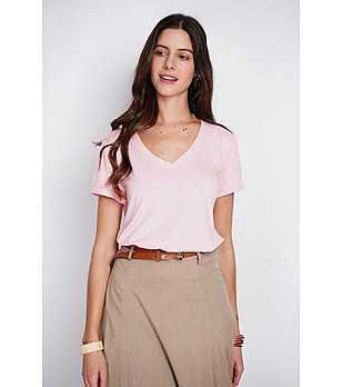 Дамска светлорозова тениска от памук и лен снимка