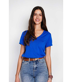 Дамска кралскосиня тениска от памук и лен снимка