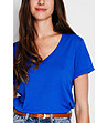 Дамска кралскосиня тениска от памук и лен-4 снимка