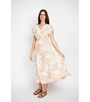 Рокля с лен в бежово и бяло снимка