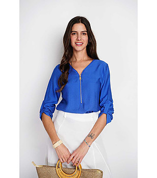 Синя дамска блуза с лен снимка