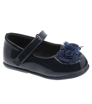 Тъмносини лачени бебешки балеринки с цветя снимка