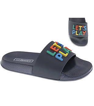 Тъмносини детски чехли с цветен надпис Let`s Play снимка