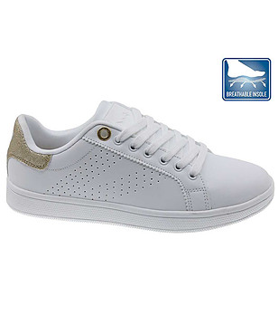 Бели дамски сникърси със златист панел снимка