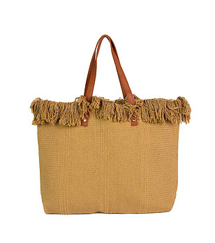 Дамска текстилна чанта в бежово с ресни Dallas снимка