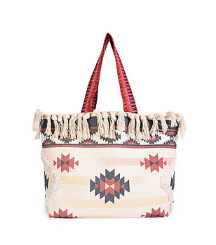 Дамска чанта в екрю, червено и тъмносиньо с етно принт Bonatti снимка