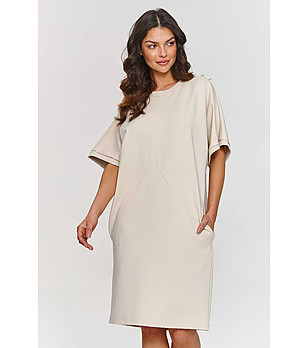 Светлобежова памучна рокля с джобове Sara снимка