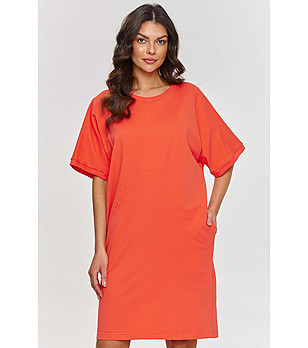 Памучна рокля с джобове в цвят корал Sara снимка