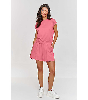 Розов дамски памучен сет от блуза и панталонки Eva снимка