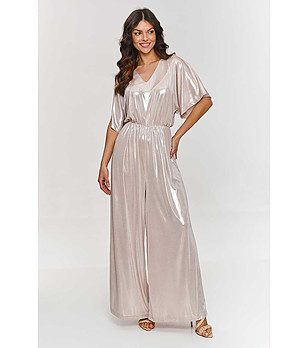 Дaмски гащеризон в светлобежово с лъскав ефект  снимка