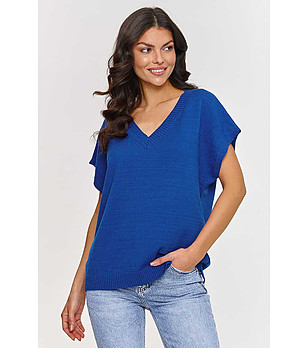 Синя дамска блуза от фино плетиво Merita снимка