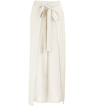 Дълъг летен дамски панталон в цвят крем с лен снимка