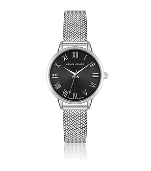 Дамски часовник в сребристо и черно с римски цифри снимка