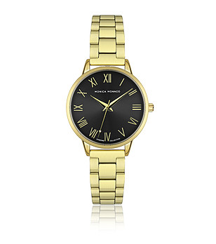 Златист дамски часовник с черен циферблат и римски цифри снимка