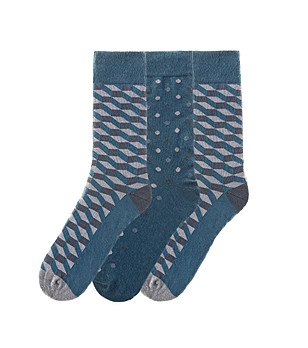Комплект от 3 чифта памучни мъжки чорапи с принт в сини нюанси снимка