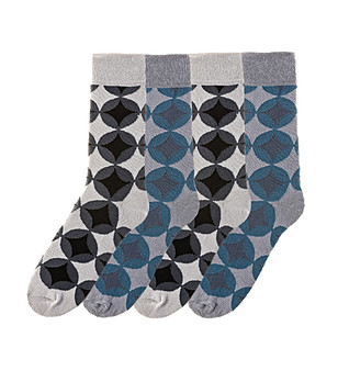 Комплект от 4 чифта памучни мъжки чорапи с принт в синьо и сиво снимка