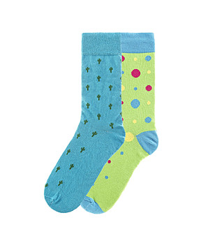 Комплект от 2 чифта памучни мъжки чорапи в зелено и синьо с принт снимка