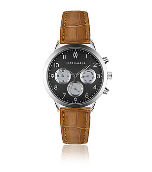 Сребрист мъжки часовник с кафява кожена каишка снимка