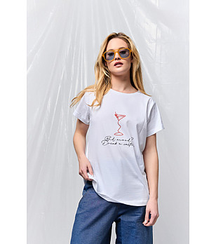 Памучна дамска бяла тениска Coctail снимка