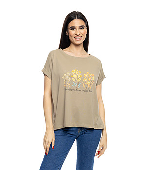 Памучна дамска тениска в каки Flowers bloom снимка