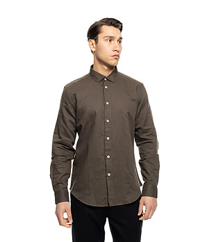 Мъжка риза от лен и памук в тъмнозелен нюанс Iokim снимка