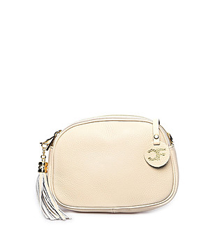 Малка дамска кожена бежова чанта с пискюл Zaria снимка