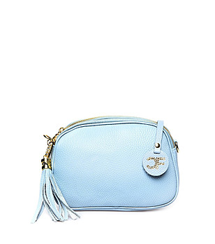 Малка дамска кожена светлосиня чанта с пискюл Zaria снимка