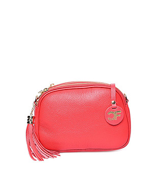 Малка дамска кожена червена чанта с пискюл Zaria снимка