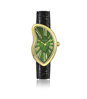 Дамски часовник в златисто и зелено с черна кожена каишка Old money снимка