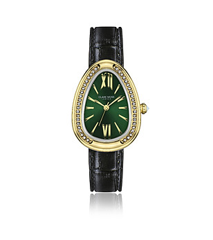 Дамски часовник в златисто и зелено с черна кожена каишка Vintage снимка