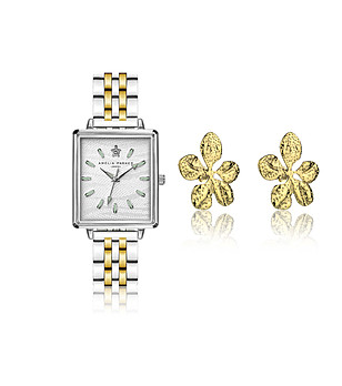 Комплект от часовник в сребристо и златисто и златисти обеци White Desert снимка