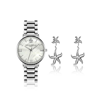 Сребрист комплект от часовник и обеци Oyster снимка