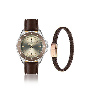 Мъжки комплект от часовник и гривна в тъмнокафяво Avenches снимка